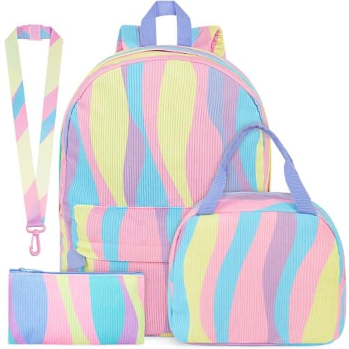 Get Trend Girls Backpack Set, 4 Pcs Swirl Corduroy School Bag