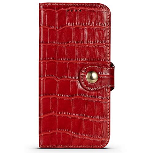 nincyee Genuine Leather Wallet Case for iPhone 13,Classic Crocodile Pattern Real Leather Flip Stand Case Cover with Card Slot Red — view 2