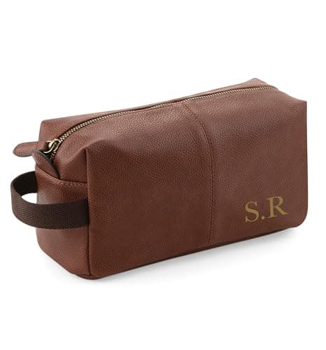 Personalised Wash Bag for Men, Mens Leather Washbag, Custom Initials, Toiletry Bag, Monogram, Travel Accessories, Gift for Dad, Husband, Father's Day (TAN-Gold)