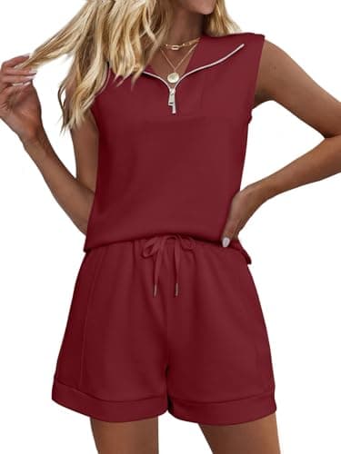 Glamaker Women Two Piece Short Set Summer Sleeveless Sweatshirt Travel Casual, Burgundy, XL