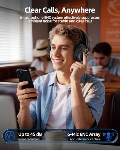 bmani Hybrid Active Noise Cancelling Headphones Wireless Bluetooth,Black — view 6