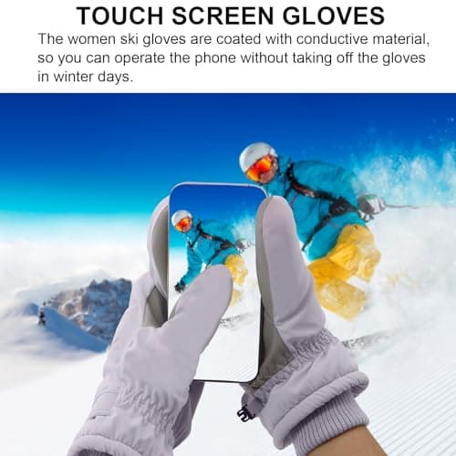 Bototack Winter Ski Mittens for Women, Waterproof Touch Screen Snow Gloves with Fleece, Anti Slip Warm Windproof Snowboard Gloves for Skiing Hiking Cycling (Purple) — view 5