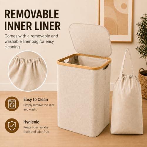 Bamboo Laundry Basket, Removable Bag, Foldable Clothes Hamper, Beige, 55L — view 2