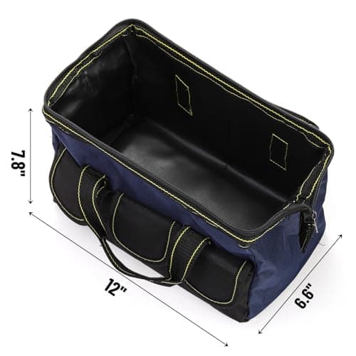 Mezchi 3 Pack 12"/ 30cm 5 Pockets Tool Bag, Wide Mouth Tool Tote Bags with Waterproof Base, Heavy Duty Tool Storage Bag Organizer for Home Repairs, Various Tools, Blue, Yellow, Red — view 2