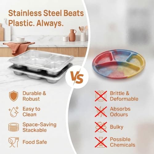 2 PCS Stainless Steel Snack Boxes with Lids, 1400ml 5 Compartment Bento Lunch Containers, 304 Stainless Steel Food Storage Boxes with Leak-proof Lid for Kids Adults, School, Work, Travel and Meal Prep — view 5