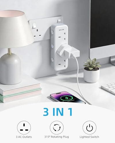 Mscien Multi Plug Extension Socket, UK Wall Socket Plug Extender with 315 Degree Rotating Design for Home, Office, Dorm (3 Way UK Sockets) — view 3