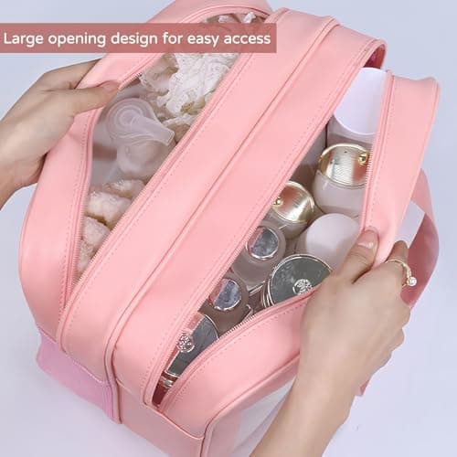 Large Clear Wash Bag, Dry Wet Segregation Toiletry Bag with Hollow Mesh Portable Makeup Bag PVC Waterproof Cosmetic Bag Travel Toiletries Bags for Women Men (Large-Pink) — view 6
