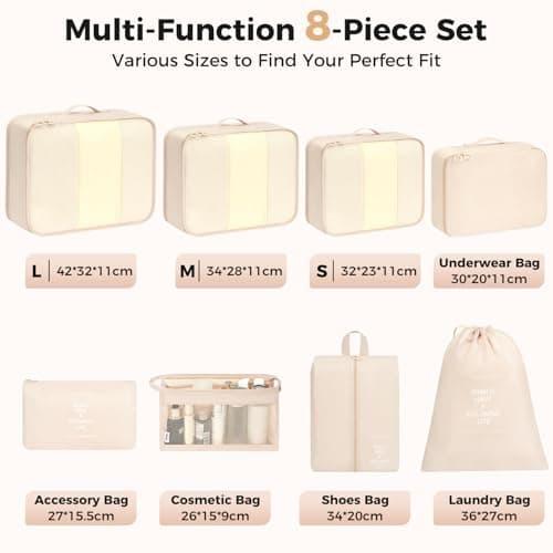 BAGAIL 8-Piece Packing Cubes Set, Travel Organizers with Breathable Mesh & Shoe Bag, Lightweight Nylon Packing Organisers for Luggage Suitcase, 9 Colors - Beige — view 3