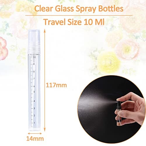 Apstaqeoo 10Pcs, 10Ml Empty Glass Spray Bottles with Scale - Clear Mini Sample Perfume Atomizer Vial Travel Bottles Set with Fine Mist Sprayer & Clear Dust Cap Perfect for Fragrance, Essential Oils — view 2