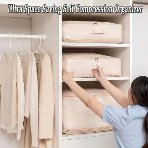 EHOTER Ultra Space Saving Self Compression Organizer 2024 NEW Bedroom Clothes Storage Bags with Zipper,Large Moving Bags Heavy Duty with Reinforced Handles (Pink,L) — view 6