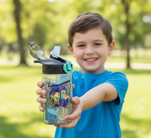 HOX Minecraft Drinks Bottle with Flip Spout & Straw – Leak Proof Kids Water Bottle, Steve & Alex Design, BPA Free School Sports Travel Bottle with Lock Lid — view 6