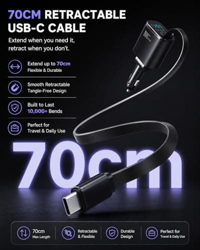 88W Retractable Car Charger - 12V Cigarette lighter Adapter with USB C Cables, Fast Charging for iPhone 17/16/15/14/13/12/11/xr/Google/Samsung/iPad, Car Accessories Practical Gifts for Men Dad Husband — view 5