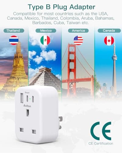 UK to US Plug Adaptor, USA Travel Adapter with 1 USB & 2 USB C Ports — view 5