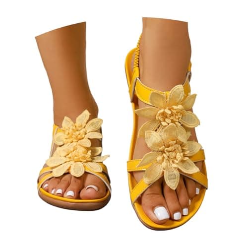 DFEK Womens Flat Sandals Summer Embroidery Flower Beach Flip Flops Ladies Thongs Elastic T-Strap Bohemian Shoes Casual Vacation(A02 Yellow,5)