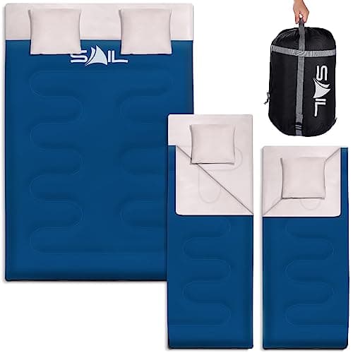 SAIL 3-4 Season Double Sleeping Bag with 2 Pillows - 2-in-1 King Size or 2 Single Person, 250GSM Design, Lightweight Waterproof Polyester - Professional Hiking, Camping & Backpacking Gear - Blue