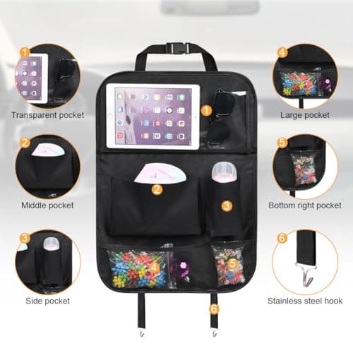 URAQT Car Seat Organizer 2 PCS, Car Back Seat Organizer, 6 Storage Pockets Cars Organizers with Foldable Table Tray and Tablet Holder, for Your SUV, Truck, Cars Storage Bag Travel Accessories Black — view 3