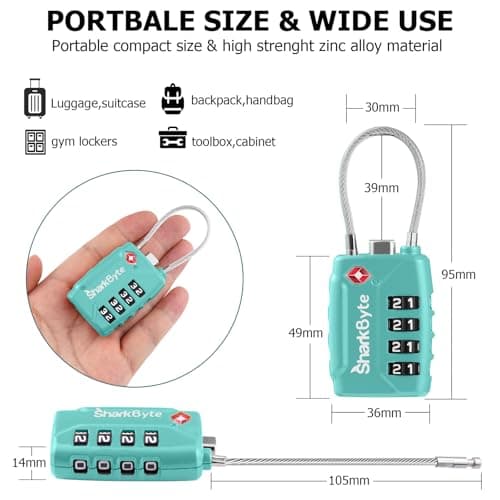 SharkByte TSA Approved Suitcase Locks - 4-Dial Security Travel Combination Padlock, Flexible Cable Wire Travel Lock for Suitcases, Luggage Locks, Travel Bag Gym Locker Small PadLock with code (2 Pack) — view 4