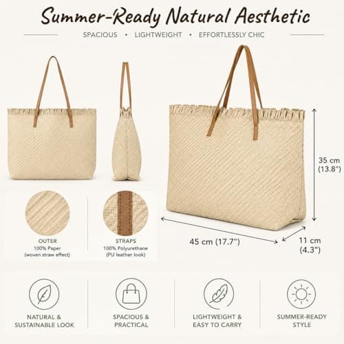 Woodland Leathers Womens Beach Bag, Large Paper Straw Beach Bag, Woven Summer Tote Shoulder Shopper Handbag with PU Leather Straps Lightweight Open Top Holiday Bag (Navy, Large) — view 6