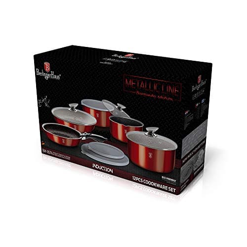 12 Pcs Colorful Space Saving Cookware Frying Pan Sauce Pan Casserole Pot Set Induction Lid Handles (Red) — view 4