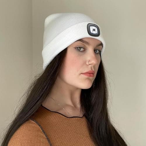 LED Beanie Hat White Headlamp Plain Soft Comfortable USB Rechargeable Head Light for Men Women Warm Knitted Winter Woolly Night Running Dog Walker Headwear — view 5