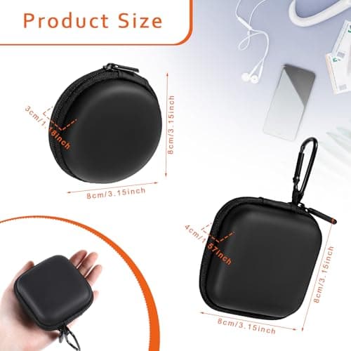 ElevateTech Storage Case for Qutie Label Maker, 2 Pcs Mini Round Earbud Case Portable Square Earphone Carrying Cases with Carabiners Hard EVA Headphone Storage Bag for Earphone Earbud, Black — view 2