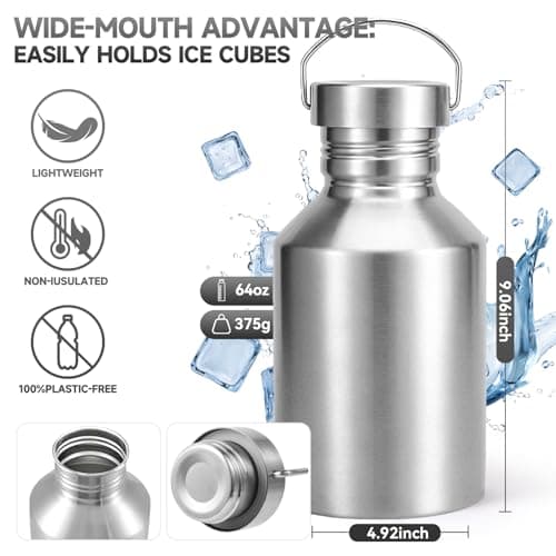 Volhoply 2000ml Big Stainless Steel Water Bottle with Handle,Non Insulated Single Wall Water Jug, No Plastic 18/8 304 Metal Water Bottles with Wide Mouth for Camping, Hikers — view 2