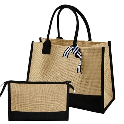 Jute Canvas Tote Bag, Large Capacity Travel, Reusable Shoulder Handbag, Foldable Waterproof Shopping, DIY Jute Beach Tote with Cosmetic Bag for Wedding, Birthday, Holiday, Beach (B1)