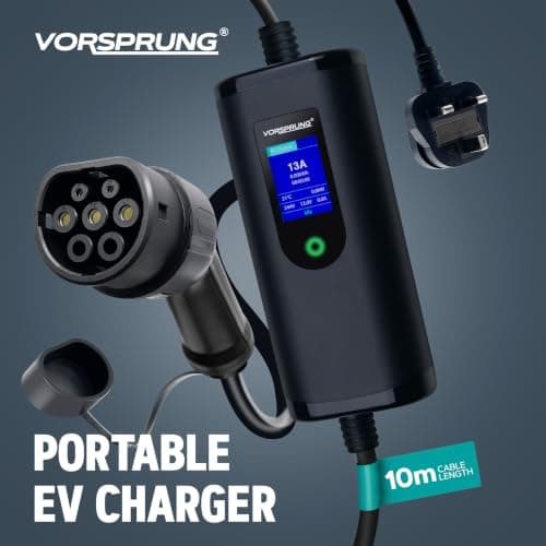 VORSPRUNG® Portable Type 2 EV Charger – 10 Metre EV Charging Cable with Digital Control Screen, UK 3 Pin Plug, T2 Female Connector, Adjustable 6A 8A 10A 13A, Free Carry Case (10M) — view 2