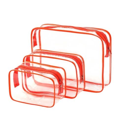 3 Pack Clear Travel Toiletry Pouches Makeup Bags Large Capacity Waterproof PVC Cosmetic Organizers for Suitcase Storage (Orange)