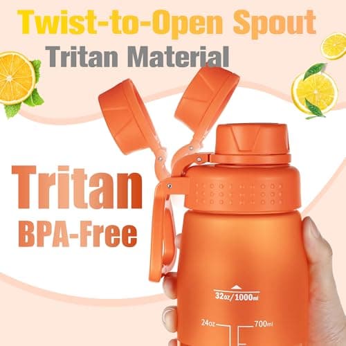 GOPPUS 1L/32oz Clear Tritan Water Bottle with Screw Lid, Drinks Bottle with Wide Mouth, Fruit Infuser, Leakproof, BPA Free, Carry Handle, Measurement Markings, Dust Cap (Orange) — view 3