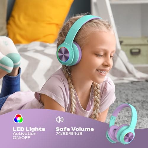 PowerLocus Kids Headphones, Bluetooth Headphones Over Ear for Kids, LED Lights, 74/85/94dB Safe Volume Limit Headphone, Micro SD/TF, Foldable with Hi-Fi Stereo, Built-in Mic for School/Tablet/Travel — view 3