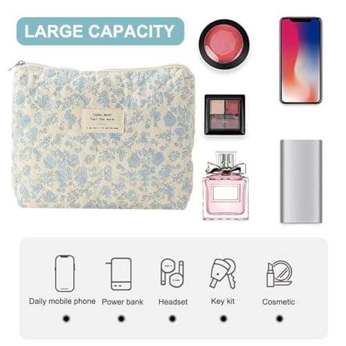 CHAMAIR 3Pcs Coquette Makeup Bag - Quilted Cosmetic Bag Large Make Up Bag Set Aesthetic Floral Toiletry Bag Cotton Travel Skincare Bag for Women Ladies Girls (Style B1) — view 5