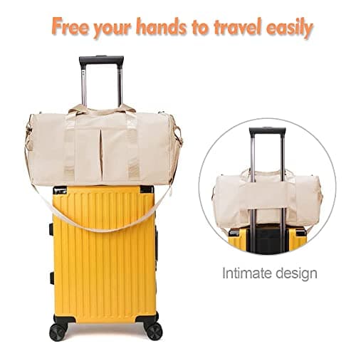 Gym Bag for Women and Men, Travel Duffel Bag for Sports and Weekend Getaway, Waterproof Dufflebag with Shoe and Wet Clothes Compartments, Beige — view 6