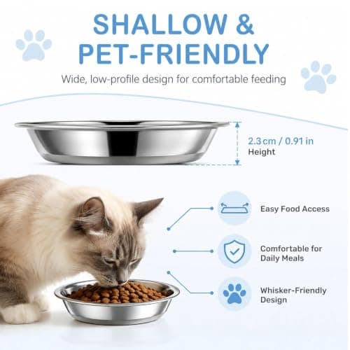 8 Pcs Stainless Steel Cat Bowl Set, Wide Shallow Kitten Feeding Plates, Whisker Friendly Flat Metal Dishes for Cat Food and Water, Dishwasher Safe, for Small Dogs and Pets — view 6
