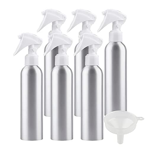 ZEOABSY Pack of 6 Empty 250ml Refillable Spray Bottles, 250 ml Aluminum Misting Bottles White Trigger Sprayer for Garden, Cleaning, Travel Beauty, Barber Shop Essential + 1 x Funnel
