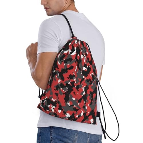Richugui Red, black and grey camou flage pattern Camo Drawstring Bag Bloodshot Camouflage Red Urban Gym Bag Sports Backpack Lightweight Waterproof Bag for Men Women Outdoor Gym Sport — view 3