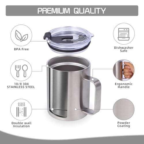 Volhoply 12oz Insulated Leakproof Coffee Mug with Sliding & Straw Lid,Double Wall Vacuum Stainless Steel Travel Cafe Tumbler Cup with Handle,Reusable Camping Mugs Keep Cold/Hot(Silver,1 Set) — view 3