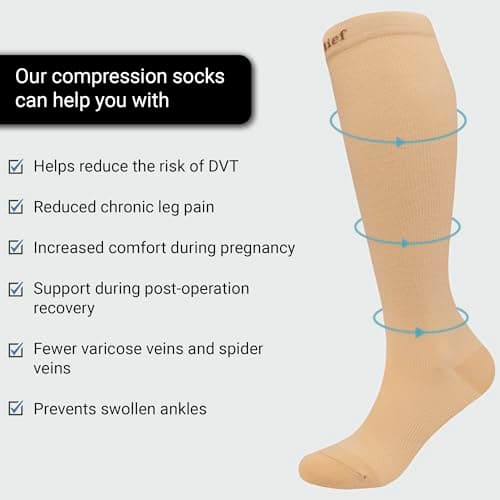 360 RELIEF Flight Compression Socks for Kids, Supports Circulation, Travel, Varicose Veins, S/M, Beige + Laundry Bag — view 3
