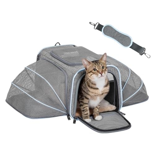 Petsfit Expandable Cat Carrier, Airline Approved Soft-Sided Pet Travel Bag for Small Dogs & Cats, Dual-Sided Extension Up to 5kg, Washable Grey Pet Carrier for Travel