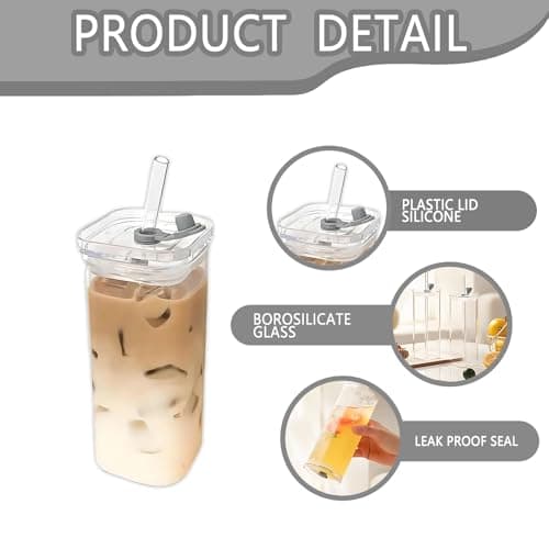 400ml Glass Cups with Lids and Straws Set, Square Glass Tumbler with Straw and Lid, Transparent and Minimalist Iced Coffee Glasses Suitable for Office Travel and Home use Ice Coffee Cup — view 3