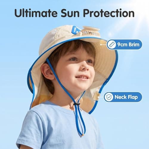 Kids Cool Fan Sun Hats,Cute Solar & USB Charging Fan Sun Caps,Wide Sun Protection Bucket Hat with Detachable Neck Flap, Adjustable Summer Cooling Hat for Boys Girls Outdoor Beach (Blue) — view 3