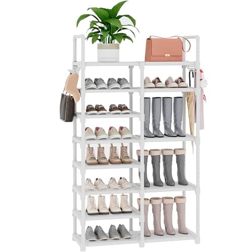 Lxvckly Shoe Rack, 8 Tiers Shoe Storage Organizer, Metal Tall Shoe Shelf Holds 26-30 Pairs, Vertical Shoe & Boot Organizer for Narrow Spaces, Entryway, Closet, Hallway, Cloakroom, Garage White
