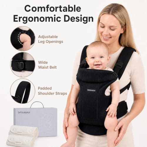Bebamour Baby Carrier, Ergonomic Front & Back Carrier for Babies 3-18 Months (Up to 12kg), Adjustable Waist Belt & Shoulder Straps, Breathable Mesh Infant Carrier with 2 Drool Bibs, Pink — view 4