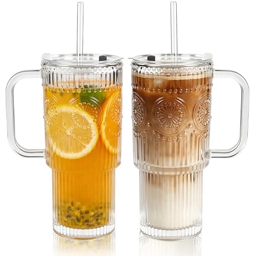 1ZIZIFA8 750ml Glass Tumbler with Lid & Straw, 2 Pack - Ribbed Design with Handle, Large Leakproof Iced Coffee Cup for Smoothies, Matcha, Latte, Bubble Tea & Cold Drinks - Dishwasher Safe