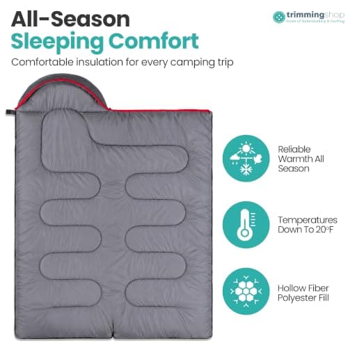 Trimming Shop, 4 Season Sleeping Bag for Adults, Warm Hooded, Grey & Red — view 4