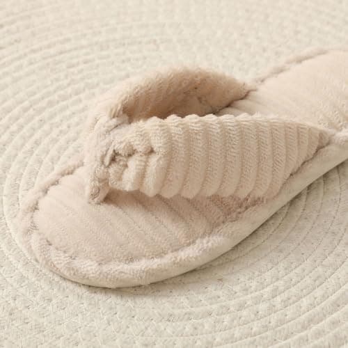 Women’s Ribbed Towelling Thong Slippers, Comfort Memory Foam Non-Slip Soft Open Toe Summer Indoor Slides, Breathable Bedroom Slip On Sandals for Ladies, Lightweight Travel Hospital (Beige, 6) — view 5