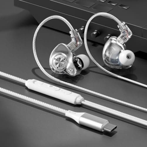 LatoYard Detachable for HiFi IEM USB C Earbuds with Volume Control - Noise Isolating Wired in Ear Headphones for Clear Calls Music - 1.2m Free Black Silver Cord(White) — view 4