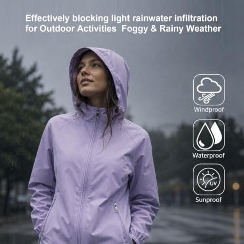 GDOKKNY Women Waterproof Rain Jacket, Lightweight Packable Hooded Raincoat with Storage Pouch, Windproof Rain Coat for Cycling Hiking Commuting Travel — view 3