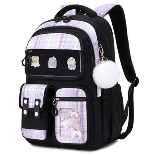 QIXIHU Girls School Backpack, Cute Kawaii Kids Rucksack for Primary School Students, Water Resistant Bookbag with Cartoon Pins & Pom Pom, Travel Bag with Luggage Strap