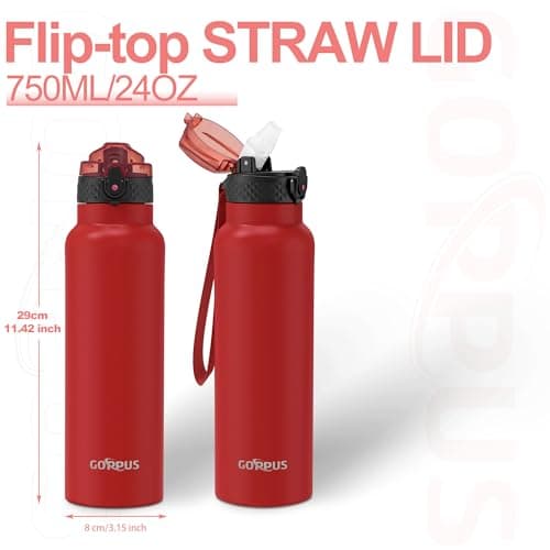 GOPPUS 750ml/26oz Stainless Water Bottle with Straw Double Wall Insulated Bottles with Strap Reusable Vacuum Thermal Flask Leakproof Keep Cold Drinks Bottles with Flip Top Lid BPA Free (Red) — view 2